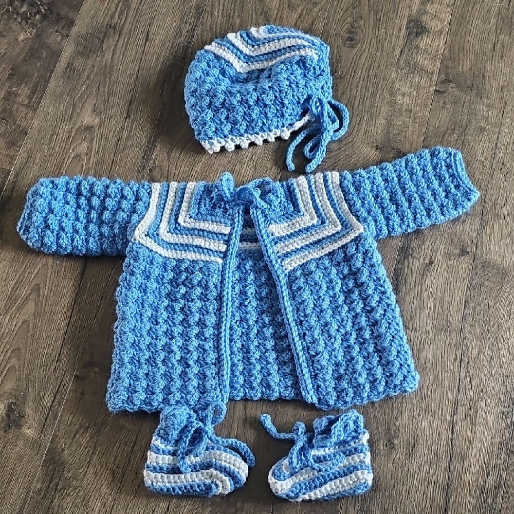 HANDMADE BABY JACKET HAT BOOTIES BLUE WHITE CROCHET 0-3 MONTHS GIFT